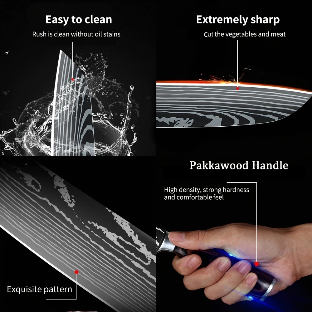 High-quality knife set includes an ultra-sharp Damascus steel chef's knife, multi-purpose knife, bread knife, and peeler, perfect for slicing mea