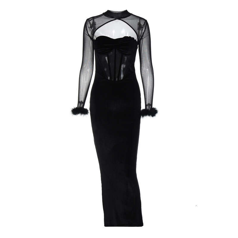 Halter Whit Maxi Dresses Spring Women S New Plush Mesh Splicing Sexy Nightclub Style Hollow Long Skirt Slimming Dress Prom Sexy Dress
