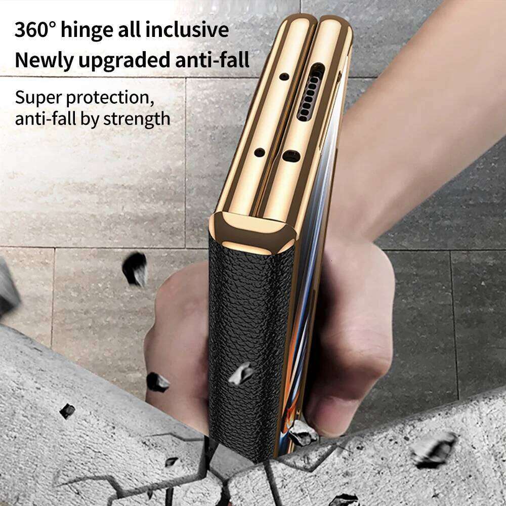LANGSIDI Leather Case for Samsung Galaxy Z Fold 6 5 4 3 Fold6 Fold5 Gold Plating Magnetic Hinge Stand Cover with Mirror Film