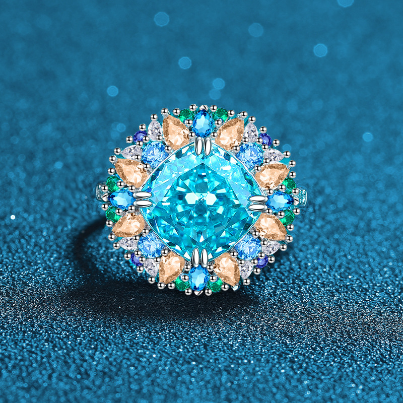 S925 Sterling Silver Sea Blue High Carbon Diamond Ring, Adjustable Open Band with Multicolored Gemstone Inlay, Fashionable Diamond Ring for Elegant Wo