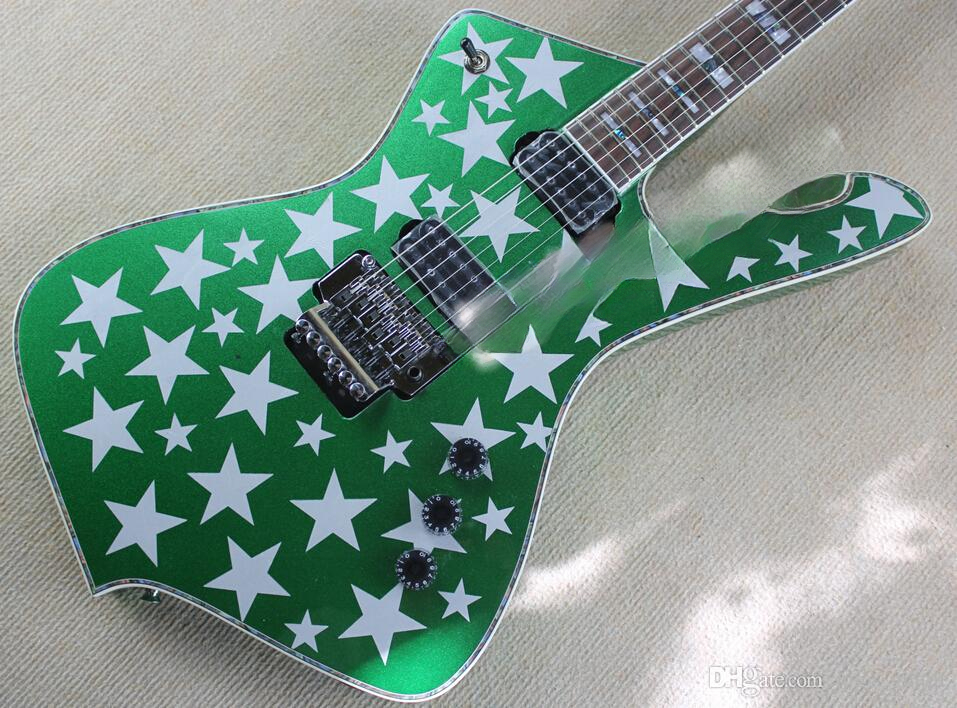 Rare Green Electric Guitar with Star Graphics, Bold and Unique Design
