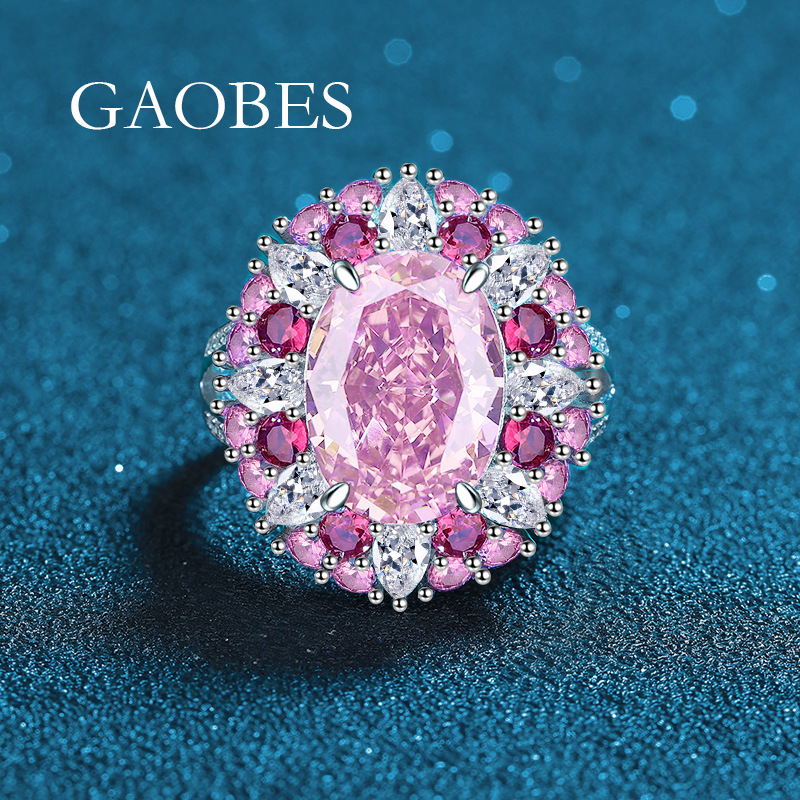 S925 Sterling Silver Open Band Ring, Padma Red Gemstone Surrounded by Pink Diamonds, High Carbon Diamond Fashion Ring, Luxury Wedding Ring for Women