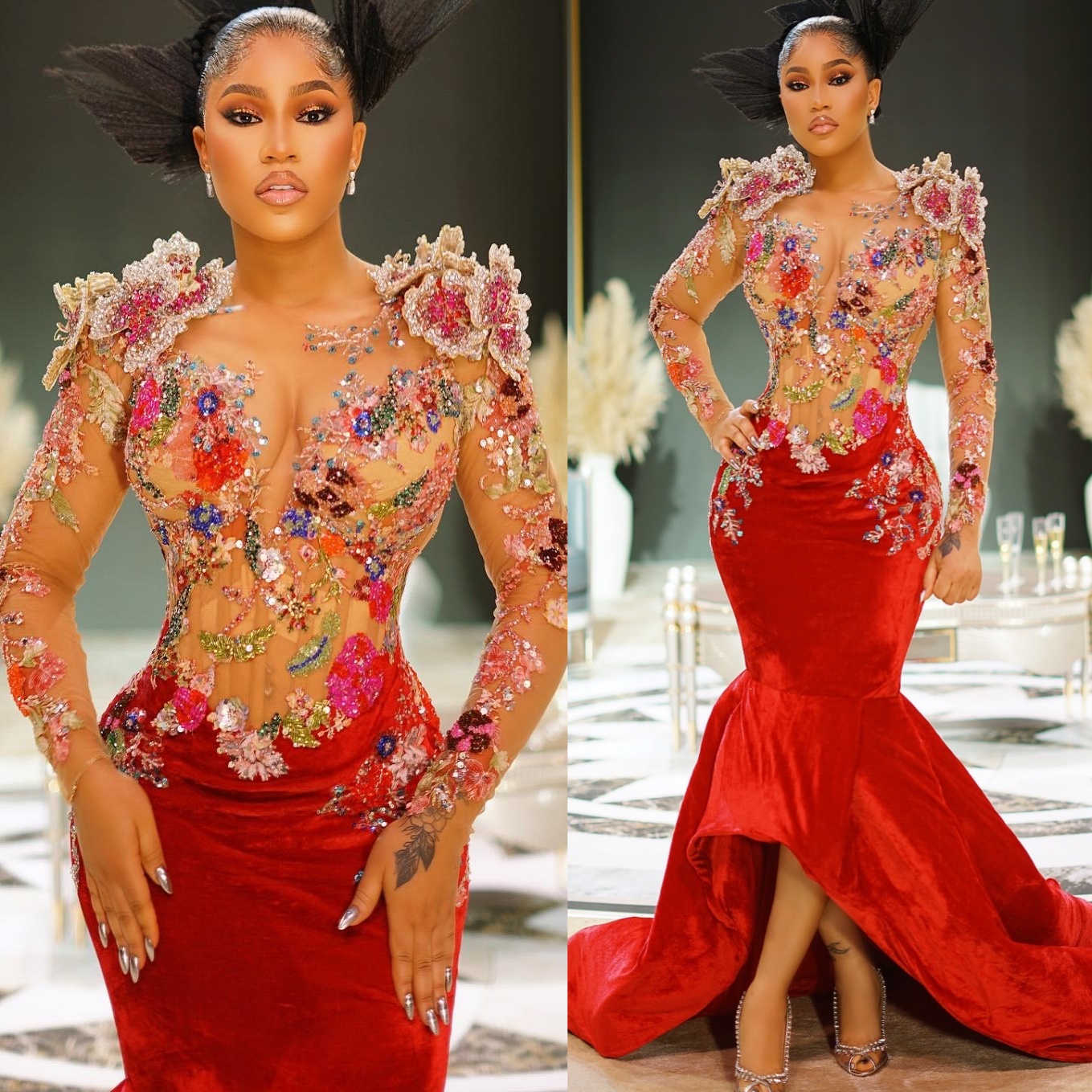 Red Mermaid Prom Dresses 2025 Floral Lace Velvet Sheer Neck Evening Formal Party Second Birthday Engagement Gowns Plus Size Dress For Special Occasion