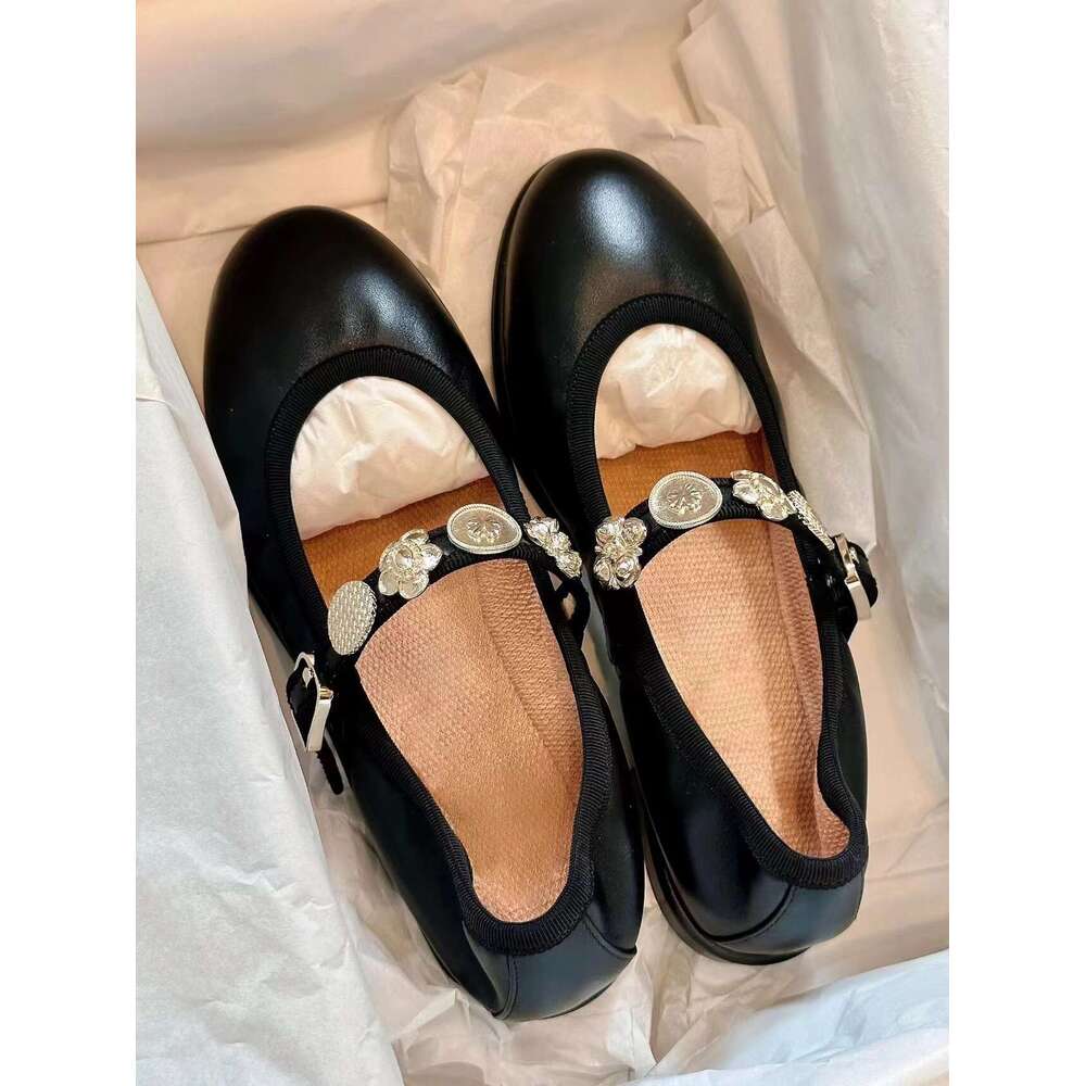 Fragrant Metal Camellia Ballet Style Soft soled Single Women's Spring Gold Buckle Mary Jane Flat Small Leather Shoes