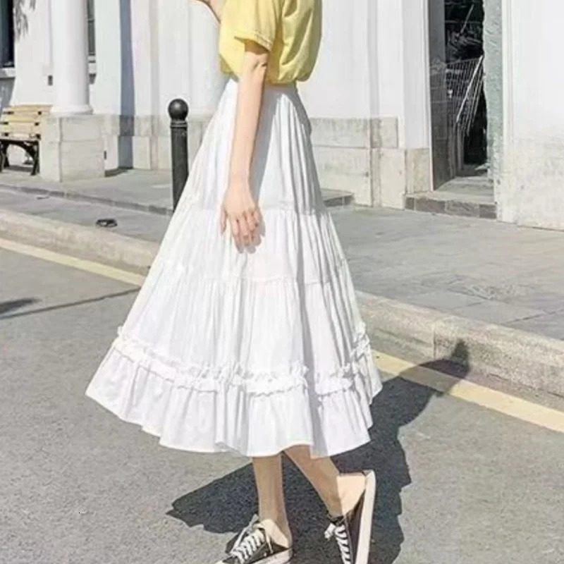 Casual Vintage Women Skirt Matching Chic Ladys White Sweet Girls Cake Elastic Waist ALine Mid Length Flare 250513Z