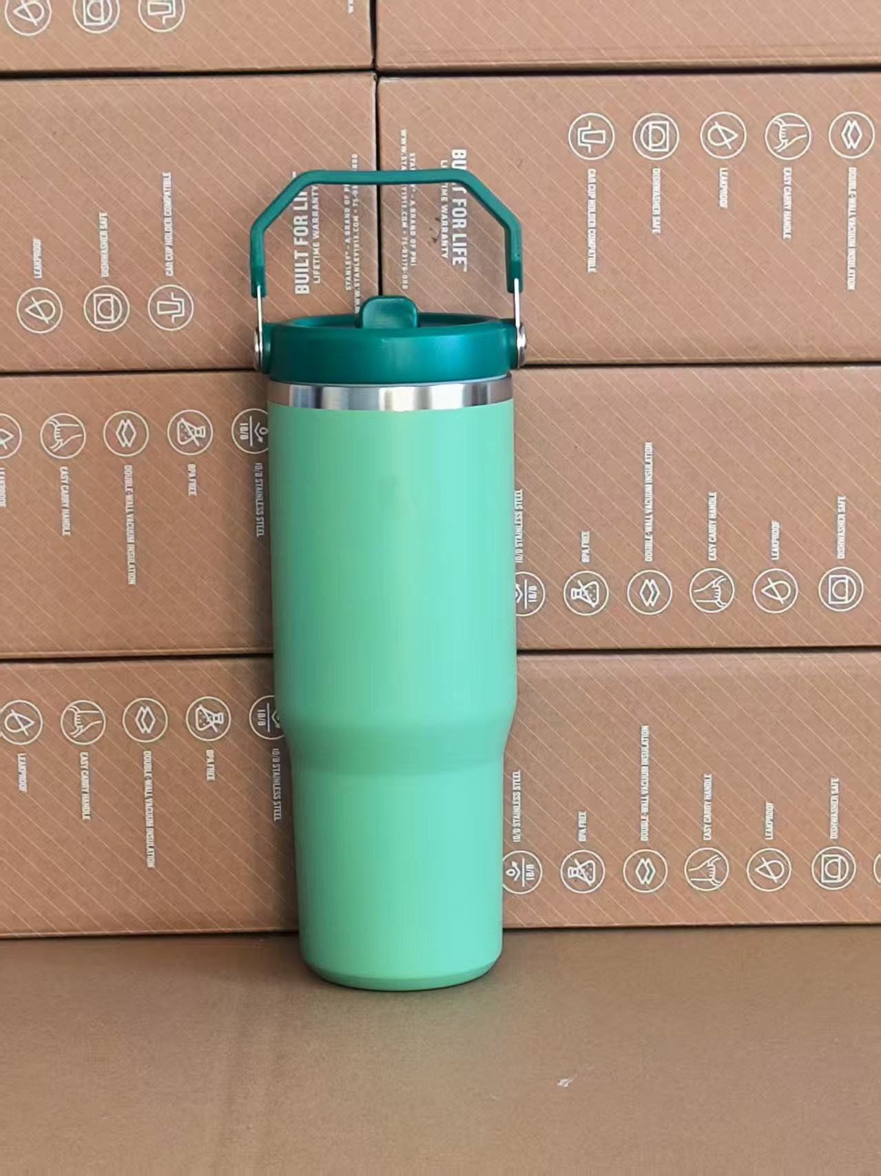 Customize Logo 30oz Reusable Flip Straw Tumblers with Handle Lid Stainless Steel Beer Mug Insulated Travel Coffee Mug for DIY