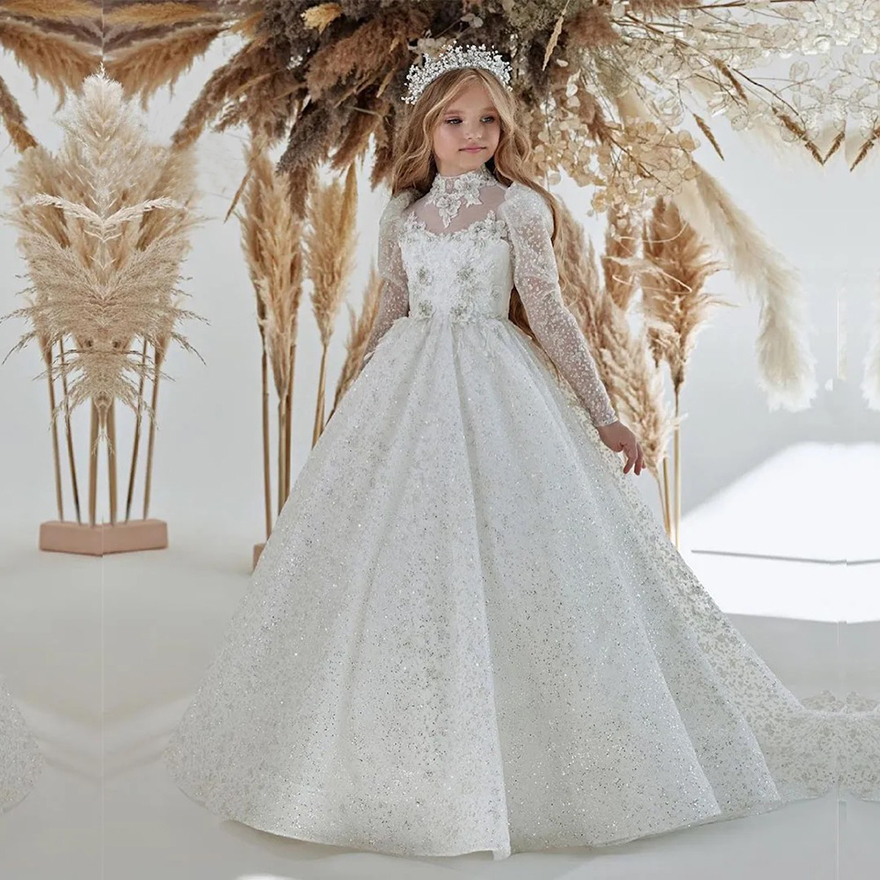 Sparkle Lace Flower Girl Dress Bows Childrens First Communion Dress Princess Tulle Ball Gown Wedding Party Dress