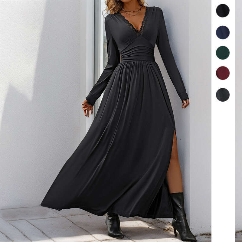 Halter Whit Maxi Dresses Evening Commuting Elegant And Sexy Temperament Solid Color Lace V Neck Slim Fit Dress Prom Sexy Dress