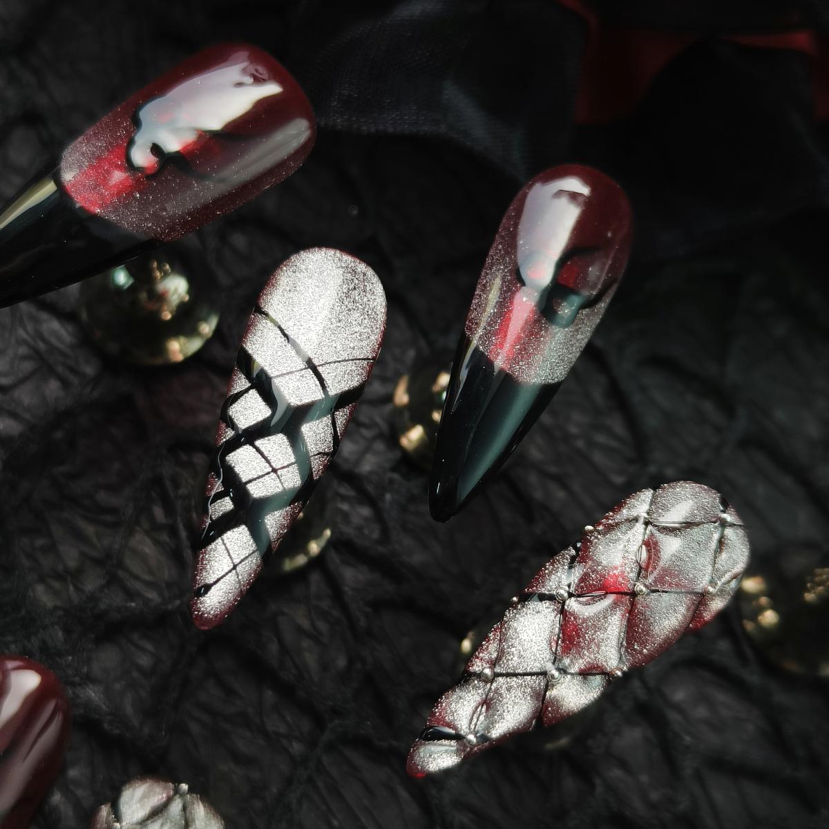 10pcs French Tip Handmade Press-on nails Long Stiletto Nails Handrawn 3D Fake nails Bundle Sexy Bow Cat Eye Finished nail stickers Free storage box je