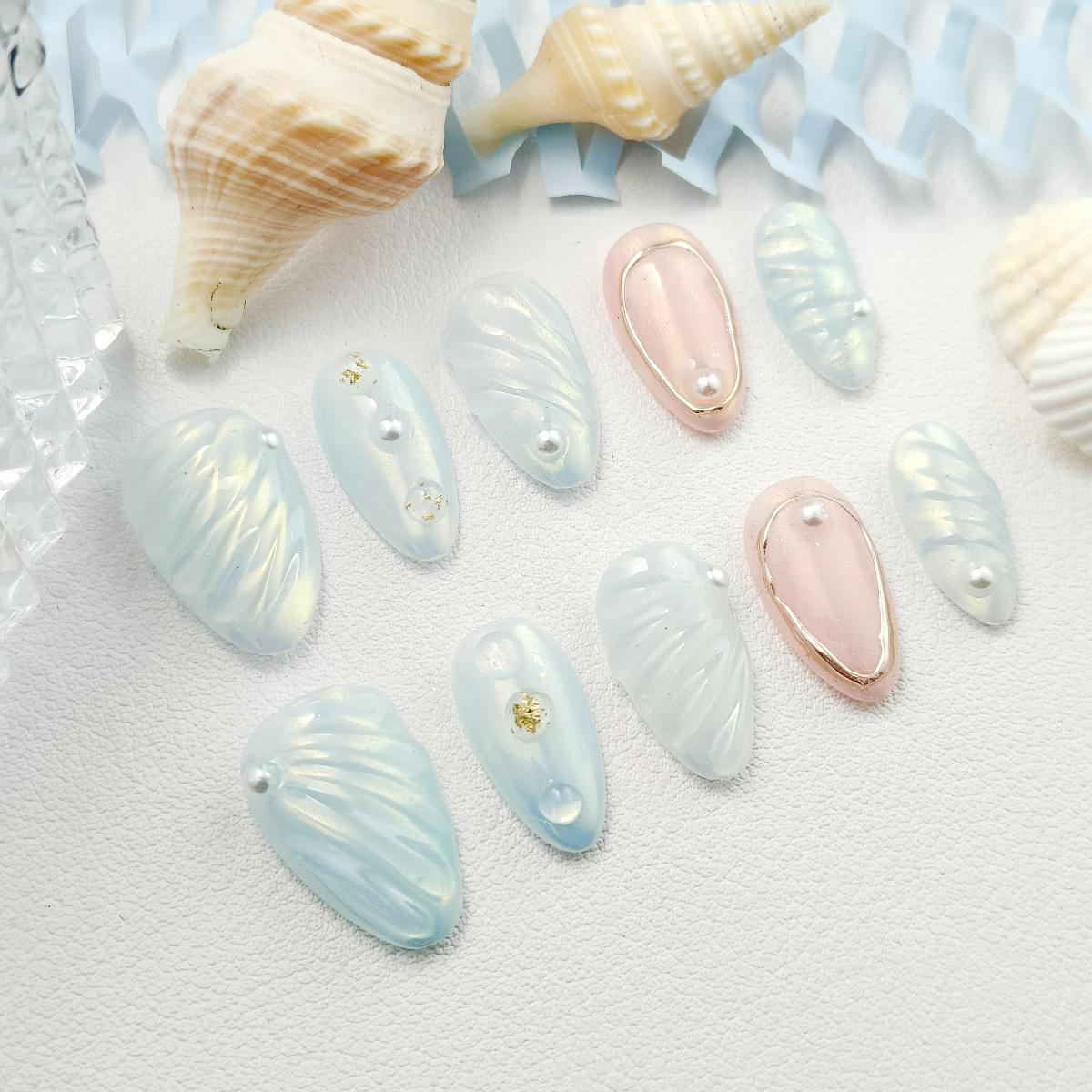10pcs Ocean series Handmade Press-on nail Shore Almond Nails 3D Hand drawn Fake nails Bundle Sweet Pearl Finished nail stickers Free storage box jelly