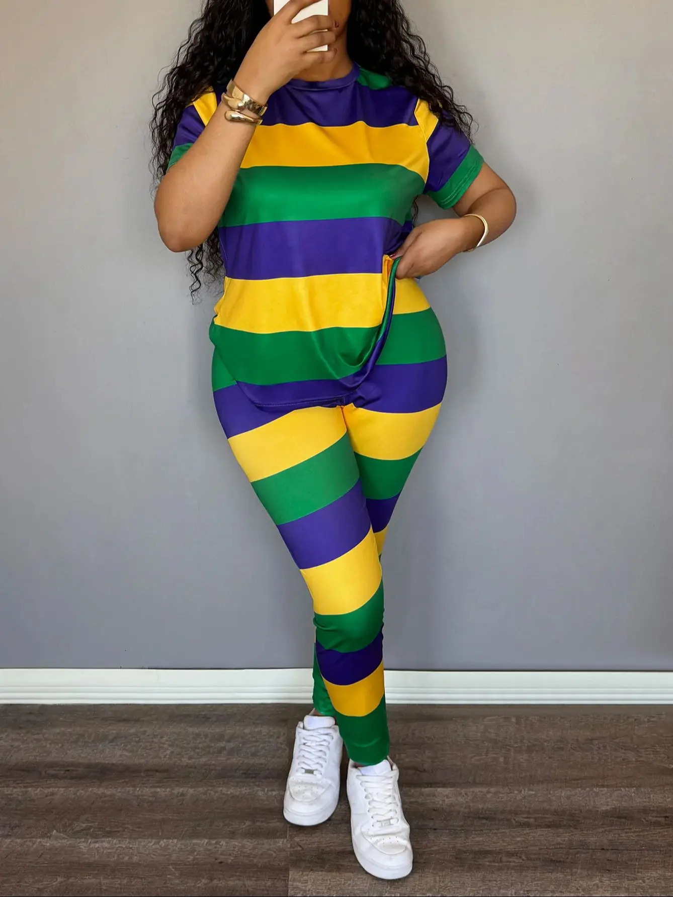 LW Plus Size Pant Two Piece Set Women 2025 summer Casual Crew Neck Short Sleeve Tshirts Lady Striped Large Sets 250516Z