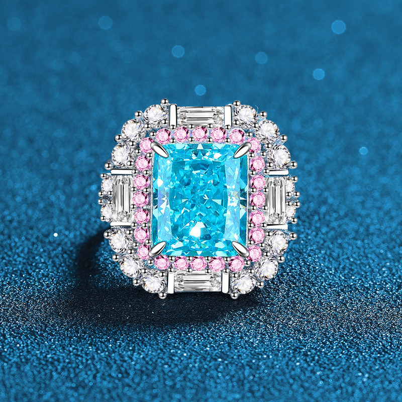 S925 Sterling Silver Open Band Ring, Sea Blue High Carbon Diamond Surrounded by Pink Gemstones, Fashionable Diamond Ring for Women, Luxury Wedding Rin