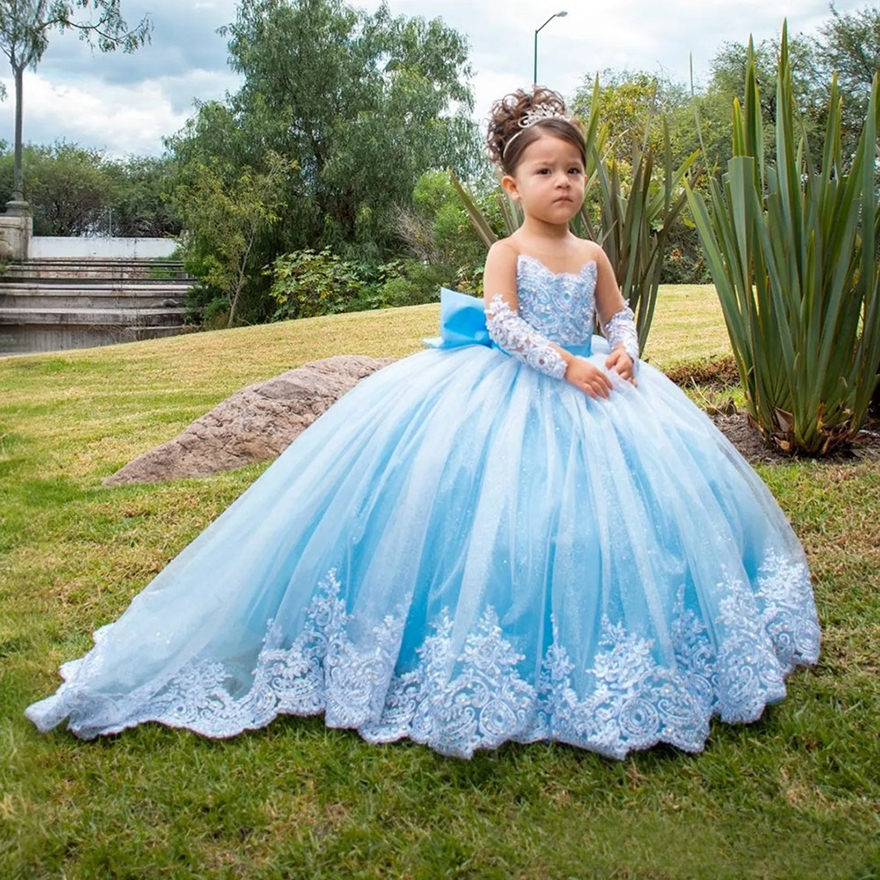 2025 Luxurious Blue Flower Girl Dresses Children Birthday Dress Illusion Sheer Neck Long Sleeves Appliqued Beaded Lace Bow Tiered Tulle Ball Gown For 