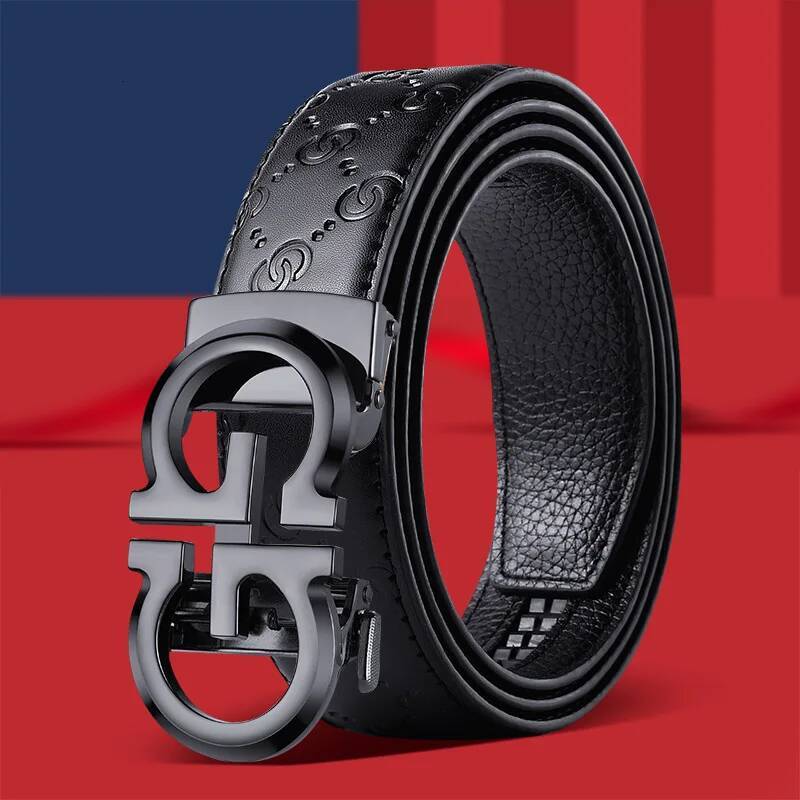 Casual Business Men's Alloy Letter Automatic Buckle Cow Leather Emed Belt Fashionable Viral Video In Stock