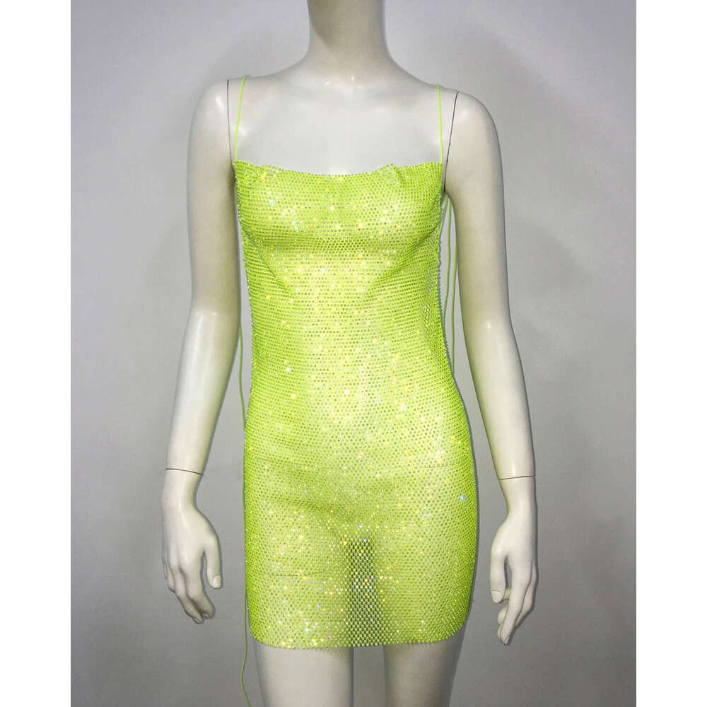 Halter Whit Maxi Dresses New Sexy Back Strap Dress Fishing Net Water Diamond Lace Up Spicy Girl Skirt Prom Sexy Dress