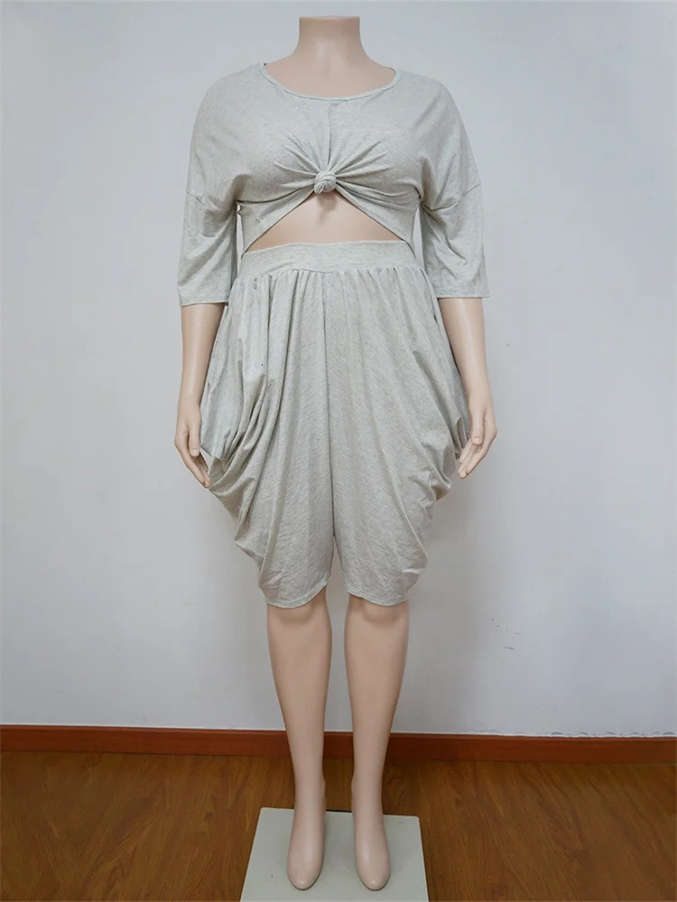 Wmstar Plus Size Women Clothing Two Piece Sets Wholesale Casual Fashion Solid Loose Crop Top Stacked Wide Leg Pants Drop 250516Z