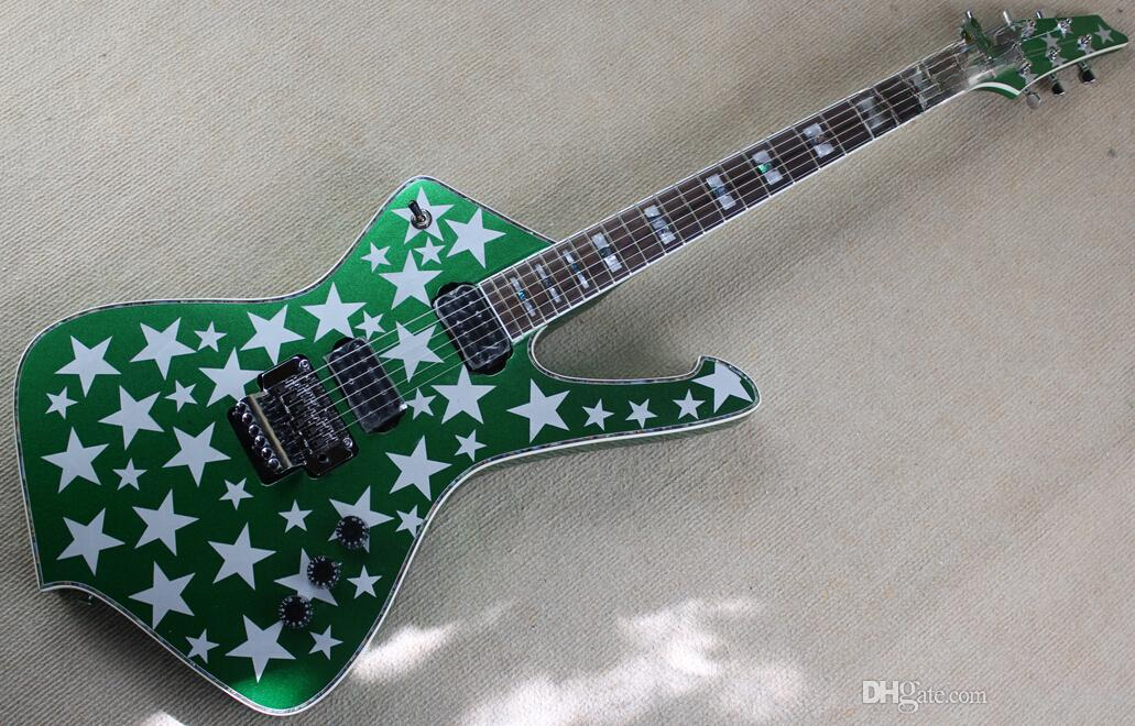 Rare Green Electric Guitar with Star Graphics, Bold and Unique Design