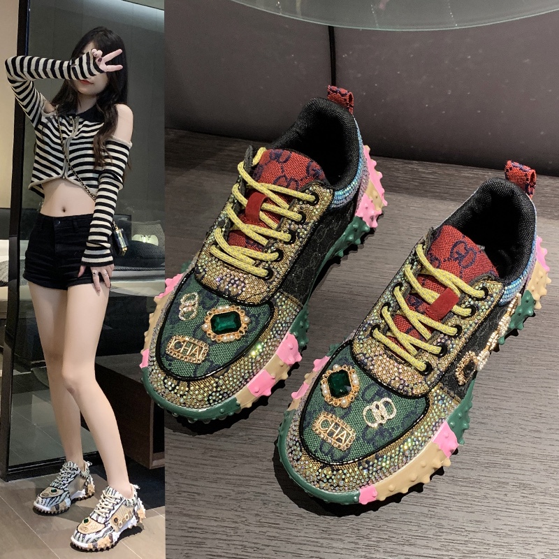 Luxury Women's Shoes Rhinestone Mixed colors Sports Shoes Diamond Breathable Designer Thick Soled Casual Shoes High-quality and Comfortable Outdo