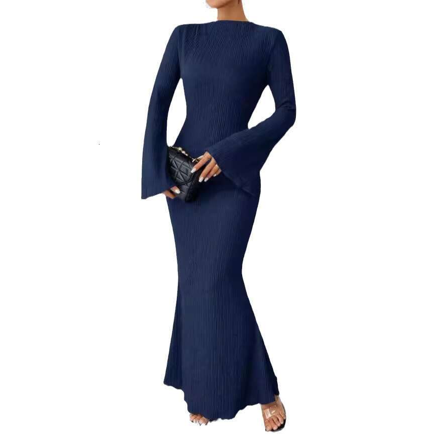 Halter Whit Maxi Dresses New Autumn And Winter Style Women S Fashionable Round Neck Long Sleeved Slim Fit Hip Hugging Dress Prom Sexy Dress