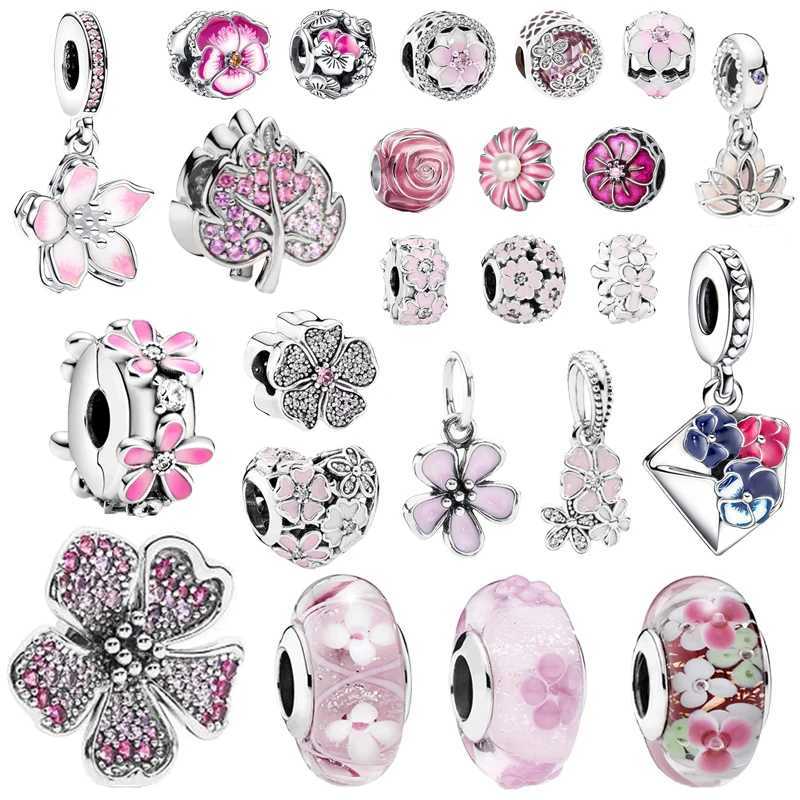 Sparkling Pink Flowers Series Cherry Blossom Daisy Charm Beads Fit Original European 925 Silver Bracelet DIY Women Jewelry GiftsXJ250523
