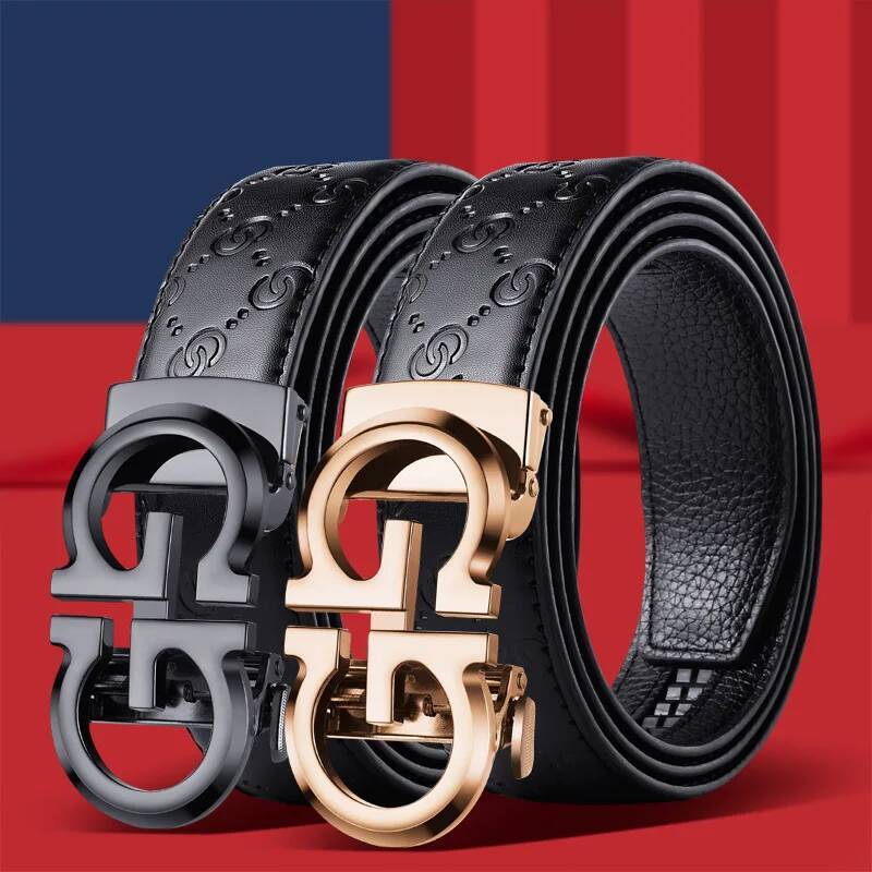 Casual Business Men's Alloy Letter Automatic Buckle Cow Leather Emed Belt Fashionable Viral Video In Stock