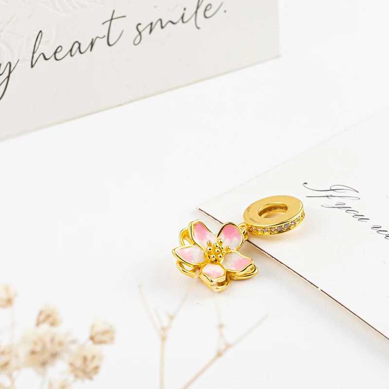 NEW Gold Plated Colourful Bead Jewelry Gift Pink Daisy Flower Cherry Blossom Charm Fit Original Silver 925 Europeans BraceletXJ250523