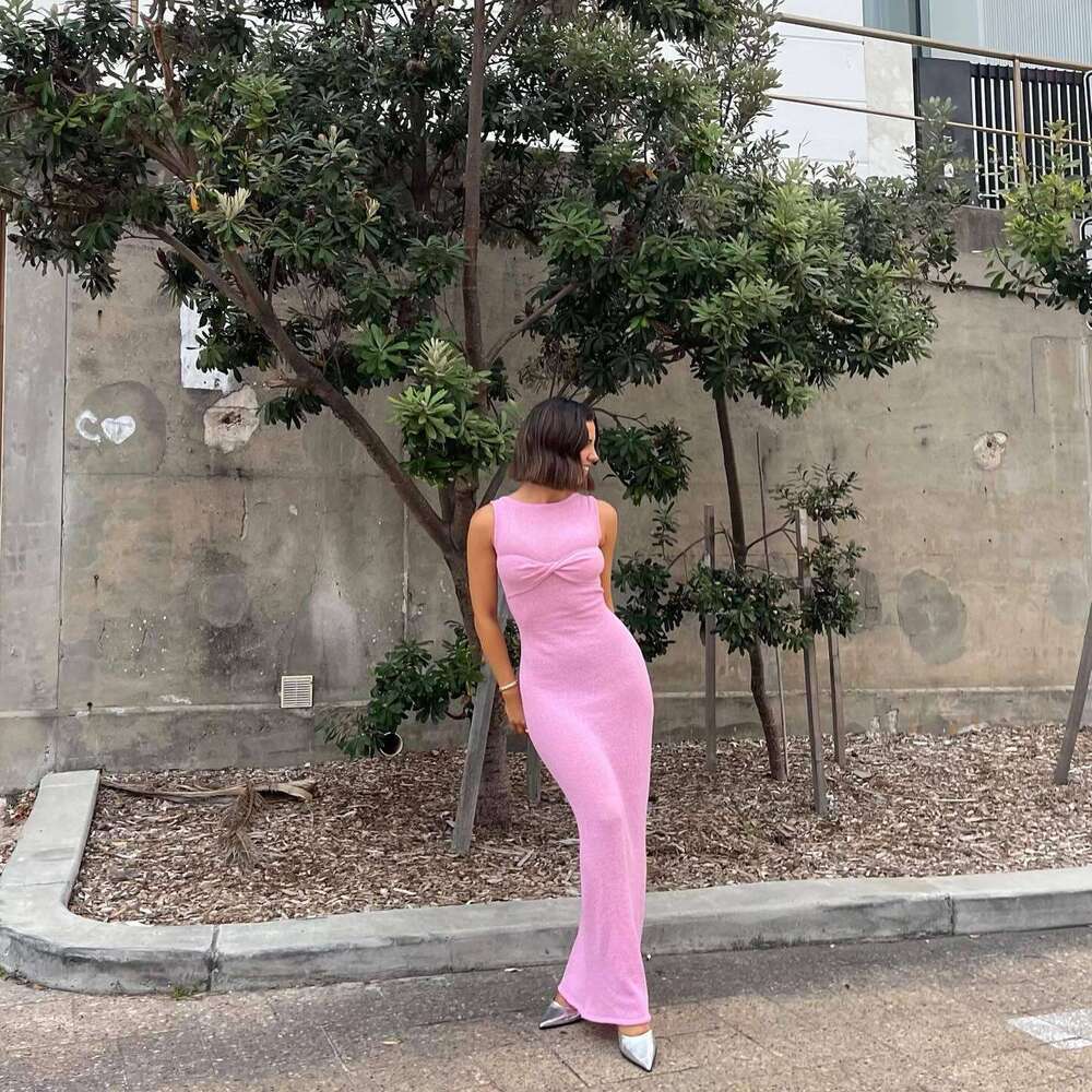 Halter Whit Maxi Dresses Sleeveless Tight Fitting Long Skirt Round Neck Knitted Solid Color Beach Summer Dress Women S Clothing Prom Sexy Dress