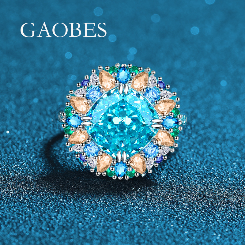 S925 Sterling Silver Sea Blue High Carbon Diamond Ring, Adjustable Open Band with Multicolored Gemstone Inlay, Fashionable Diamond Ring for Elegant Wo