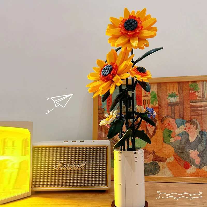Creative Sunflower Bouquet Potted Building Blocks Immortal Flower Home Desk Plant Decoration Assemble Bricks Toys Kid Girls Gift M250523