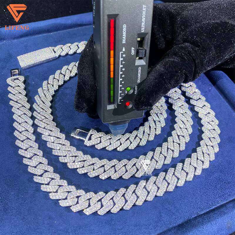 Lifeng Jewelry 10Mm -14Mm 2-Row Silica Chain Pure Sier Through Dia Tester Cuban Bracelet Necklace
