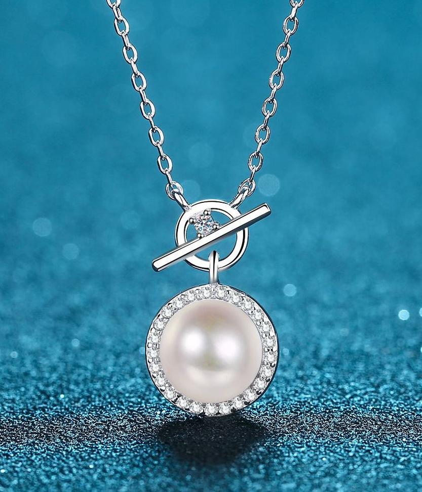 925 Sterling Silver Freshwater Pearl Moissanite Pendant Necklace with 9mm Flawless Pearl for Women, Lock Clasp Design, Elegant Jewelry Gift