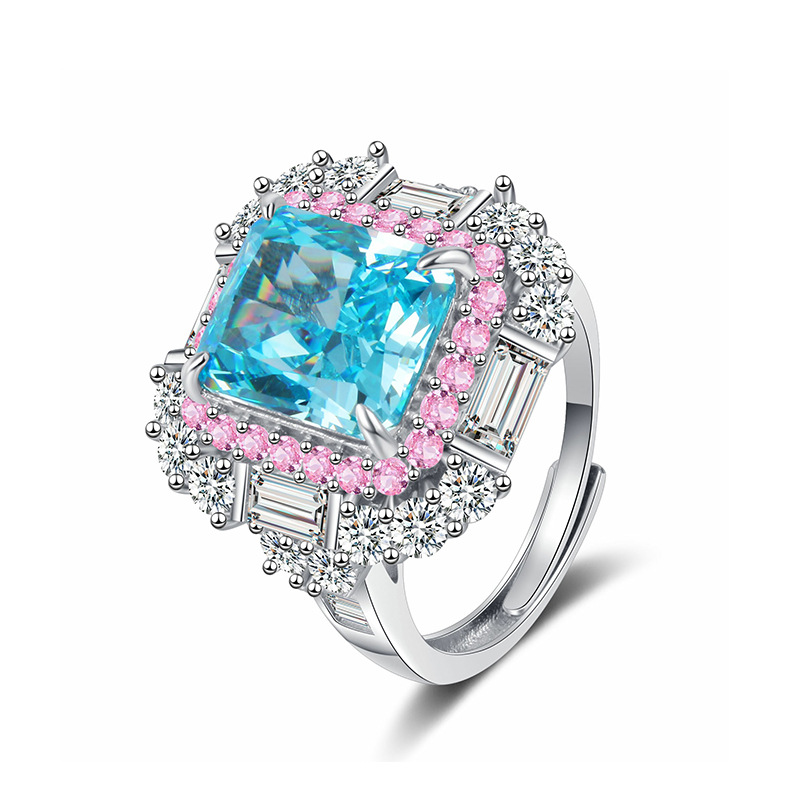 S925 Sterling Silver Open Band Ring, Sea Blue High Carbon Diamond Surrounded by Pink Gemstones, Fashionable Diamond Ring for Women, Luxury Wedding Rin