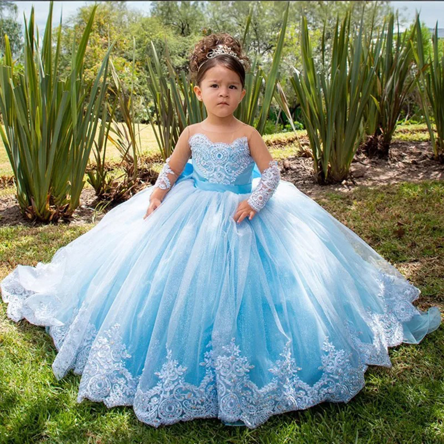 2025 Luxurious Blue Flower Girl Dresses Children Birthday Dress Illusion Sheer Neck Long Sleeves Appliqued Beaded Lace Bow Tiered Tulle Ball Gown For 