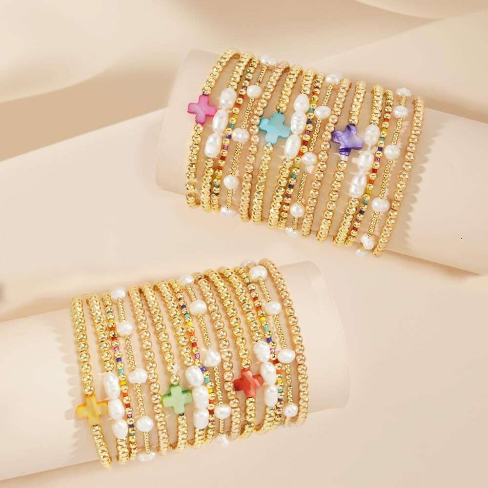 14K Gold Plated Pearl Beaded Cross Bracelets Stack Set for Women,Stretch Boho Colorful Christian Beads Ball Jewelry Friendship Summer Trendy Gift
