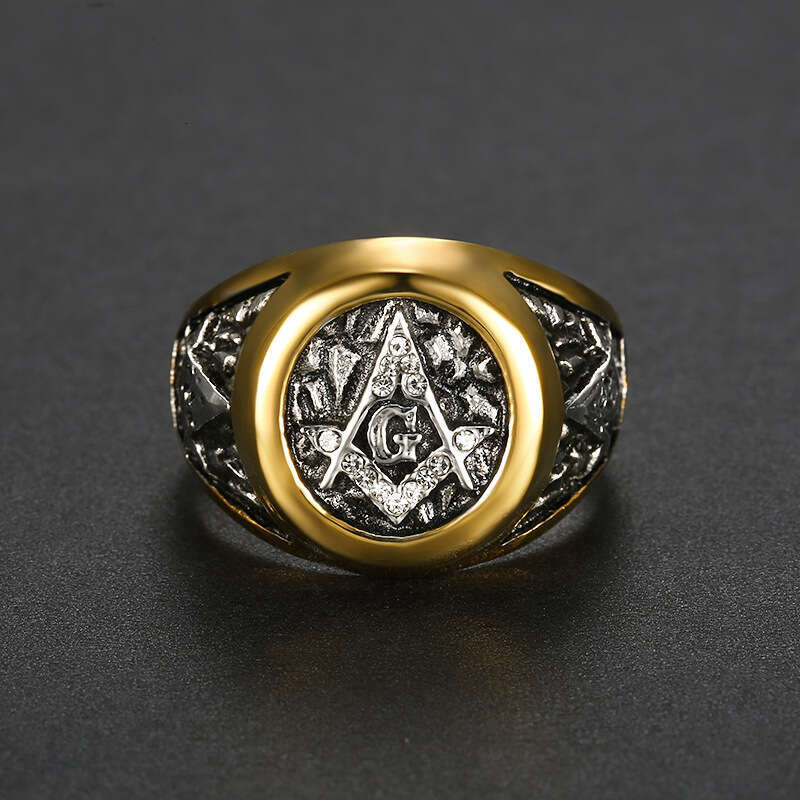Logo AG Street Trend Gold Masonic White Diamond Set Stainless Steel Ring