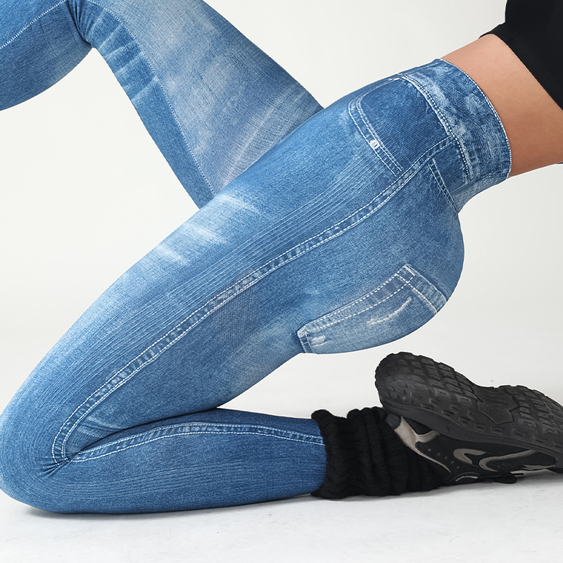 Seamless Comfortable Faux Denim Athletic Pants for Outdoor Wear Featuring a Unique Tree Branch Design
