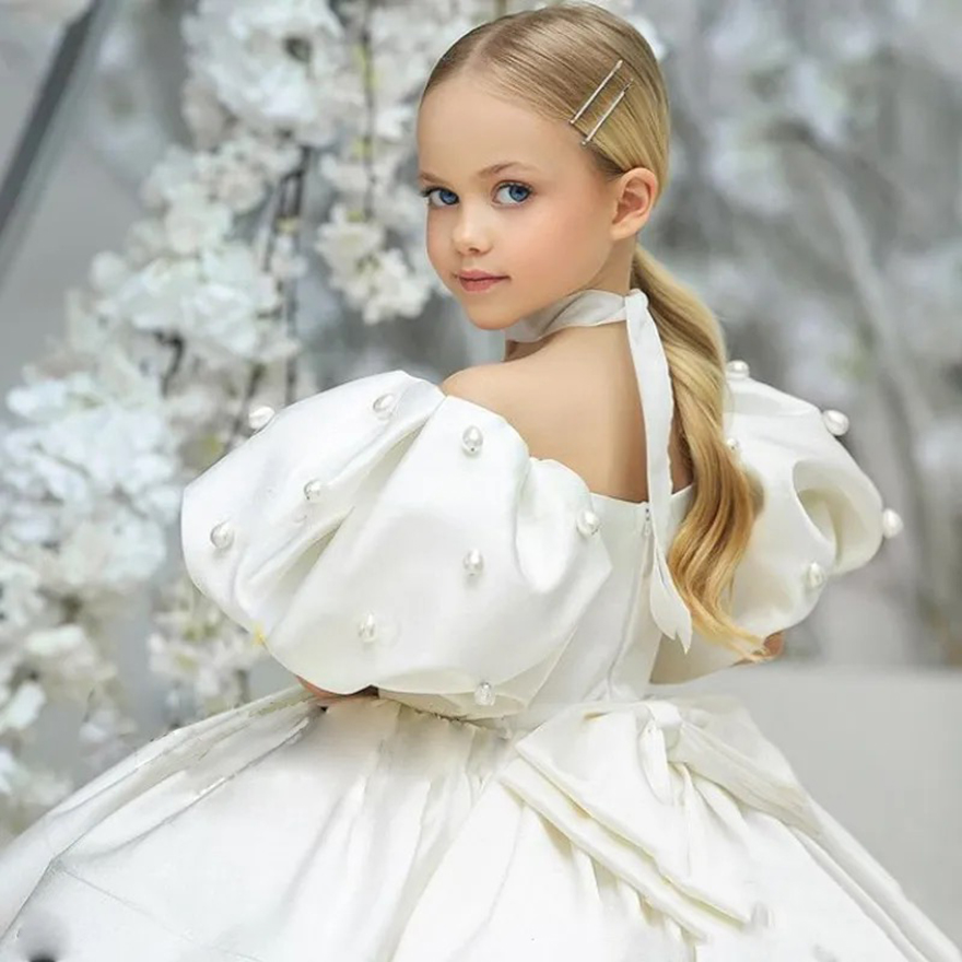 White Satin Little Kids Birthday Party Wer Dresses Sheer Neck Appliqued Pearls Tulle Beaded Girl Pageant Dress Princess Queen Marriage Gowns