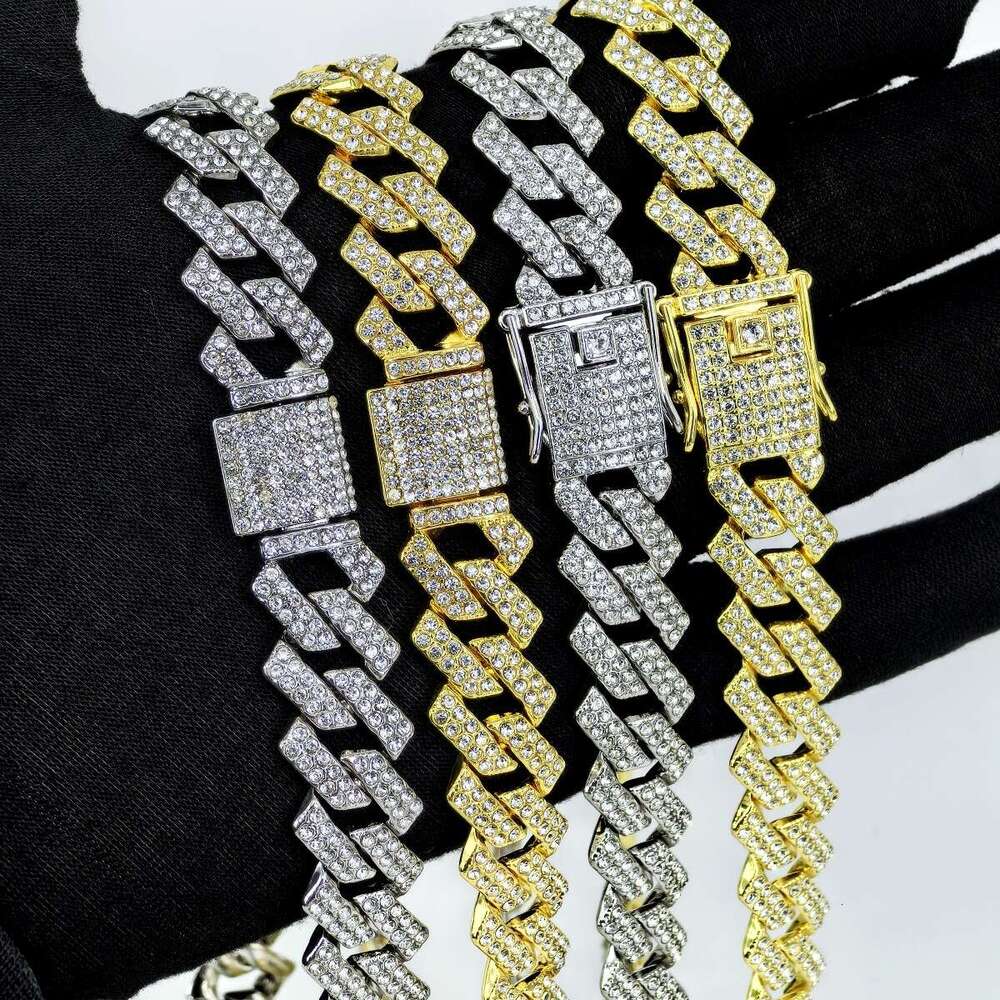 Cuban New 15mm Flap Full Set Dia Hip Hop Style Bracelet Necklace Large Gold Chain