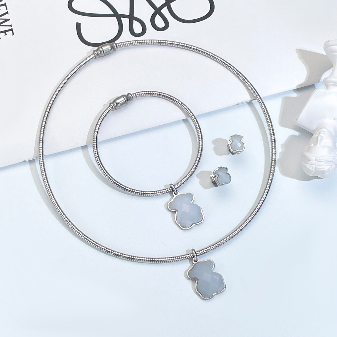 Hot Sale Fashion Women Men Silver Gold Stainless Steel Bear Cartoon Span White Black Pink Green Glass Wire Bracelet Pendant Necklace Earrings Sets Jewelry