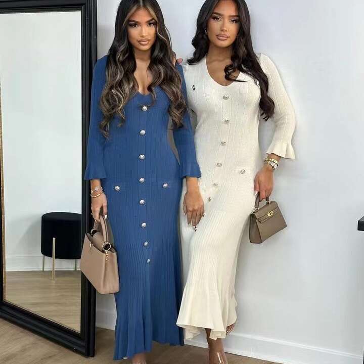 Halter Whit Maxi Dresses Autumn Winter Fashion Length Slim Fit And Slimming Knitted Long Sleeved Dress Prom Sexy Dress