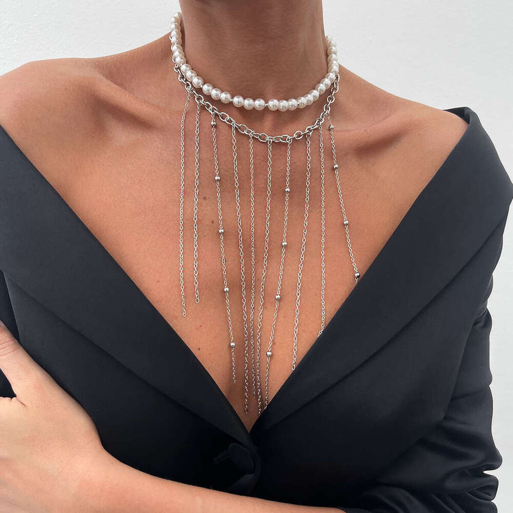 Layered Cross Pendant Necklace with Pearl Tassel Accents Modern Minimalist Collarbone Chain for Stackable Jewelry Looks
