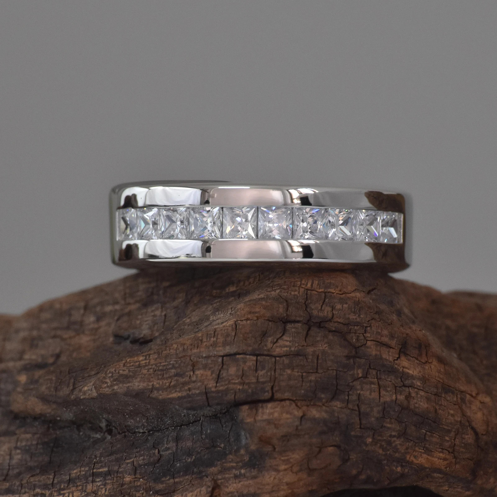 she 925 Sterling Silver Mens Wedding Band Half Princess Cut Lab Created Diamond Ring Jewelry 250522
