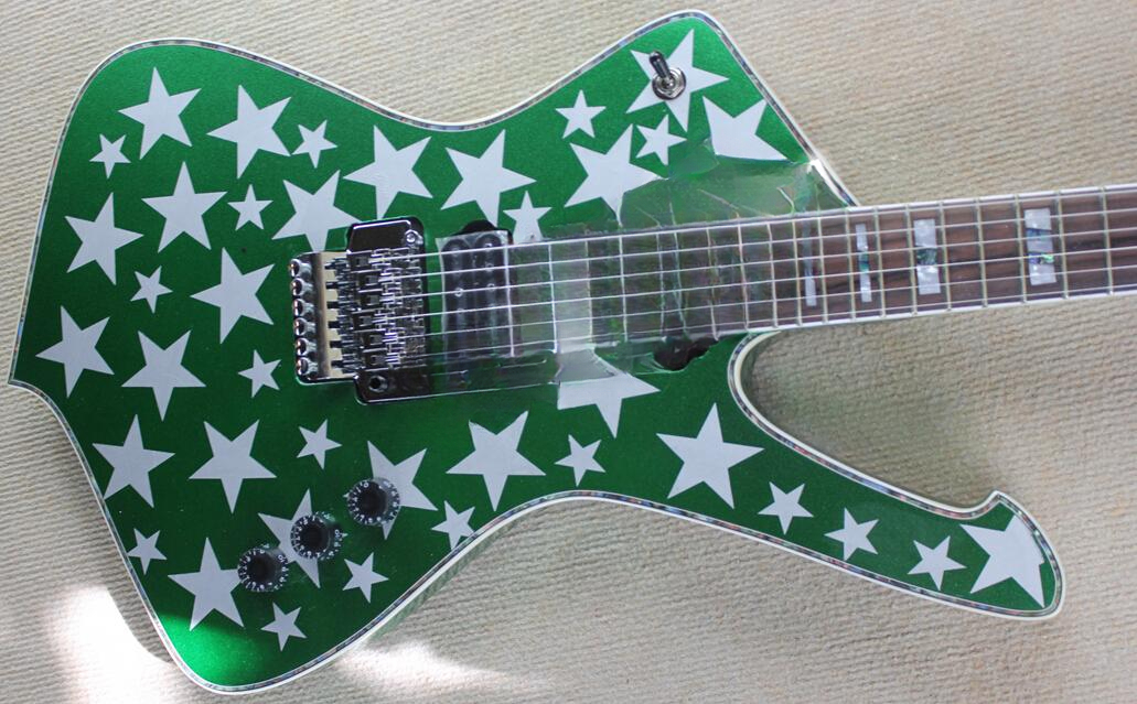 Rare Green Electric Guitar with Star Graphics, Bold and Unique Design