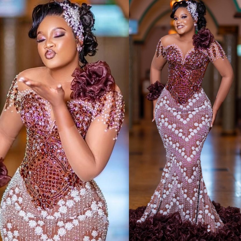 Brown Mermaid Prom Dresses 2025 Crystals Sequined Full Sleeves Evening Formal Party Second Birthday Engagement Gowns Plus Size Dress For Special Occas
