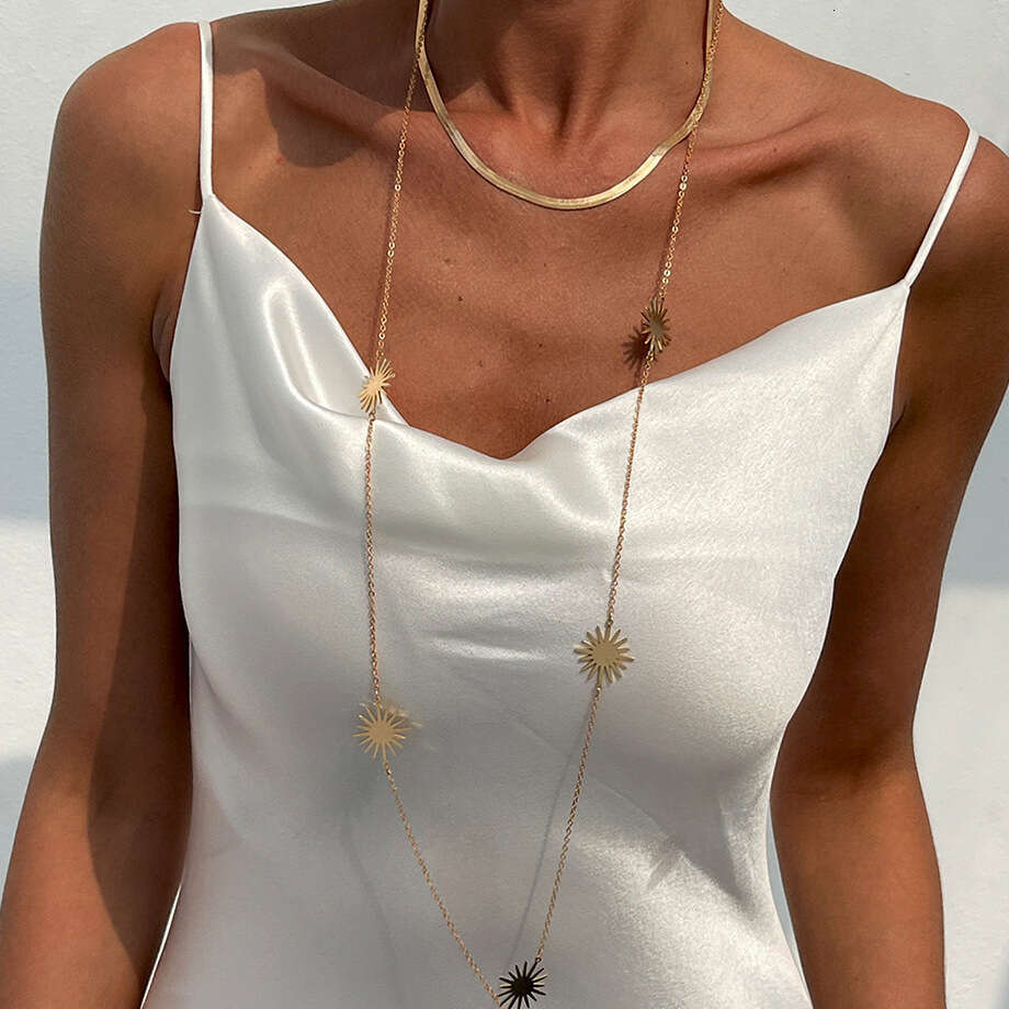 Solar Motif Serpentine Inspired Necklace Set Adjustable Long line Clavicle Chain with Geometric Metal Accents Gold and White K