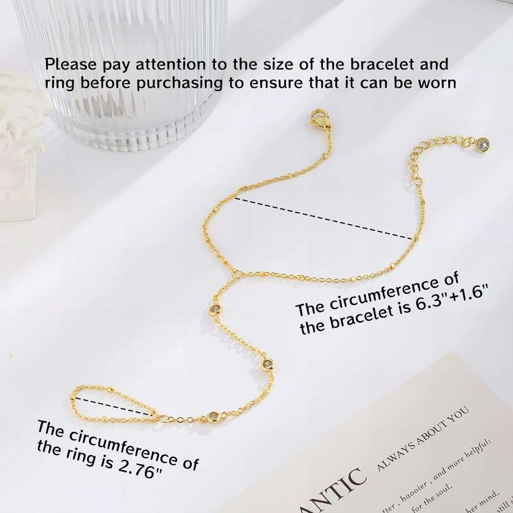 Women,14K Gold/Sier Plated Dainty Hand Trendy Ring Chain Bracelet Charm Gold Cuff Bangle Stackable Bracelets Fashion Body Jewelry Adjustable Waterproo