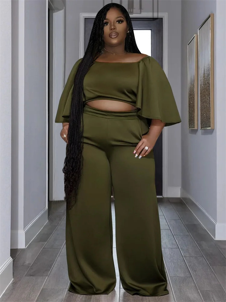 Wmstar Plus Size Two Piece Set Clothing Solid Off Shoulder Tops and Pants Wide Leg Matching Wholesale Dropshopping 250516Z