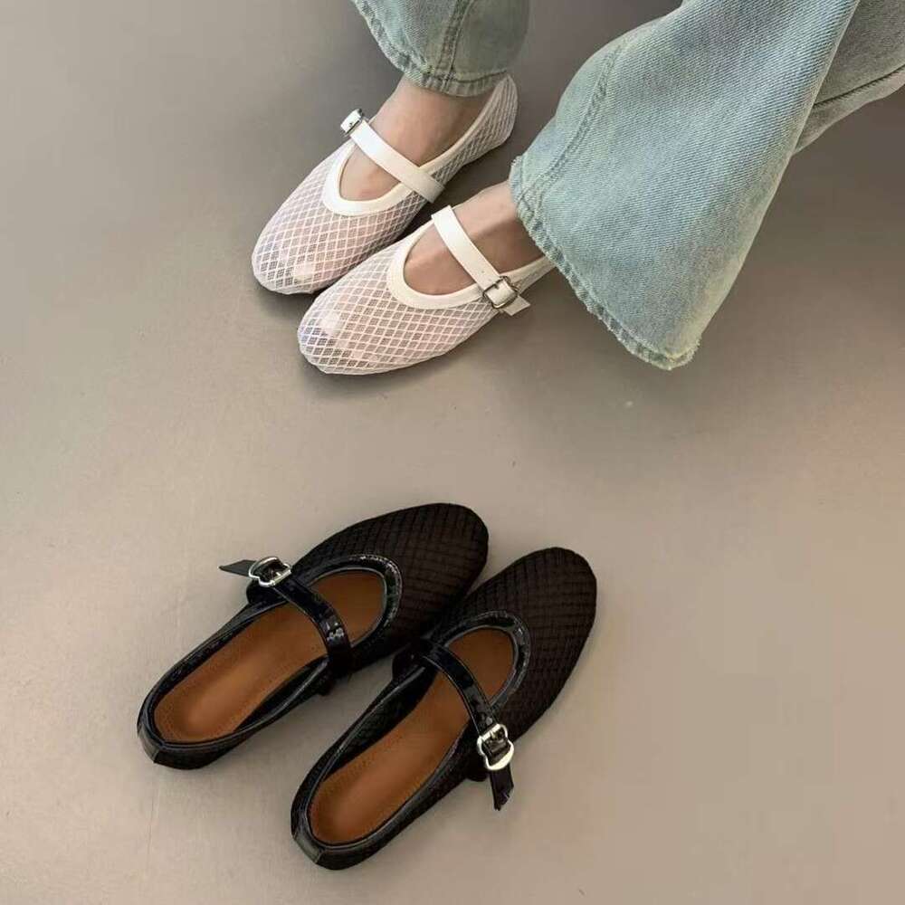 2024 Mesh strap shallow mouth fishing net sandals round toe Mary Jane flat sole single shoe ballet women's shoes