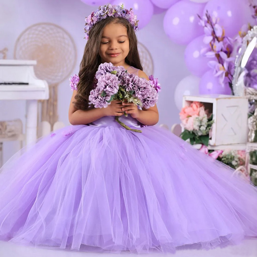 2025 Purple Little Girls Birthday Dress Flower Girl Dress Communion Gowns Sheer Neck Hand Made Flowers Princess Queen Birthday Party Dress for Little 