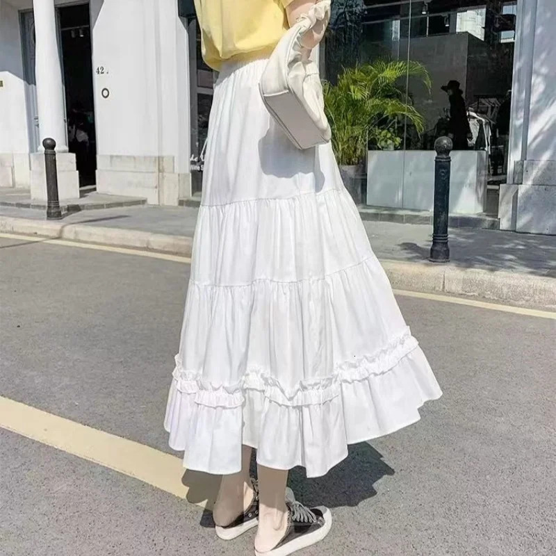 Casual Vintage Women Skirt Matching Chic Ladys White Sweet Girls Cake Elastic Waist ALine Mid Length Flare 250513Z